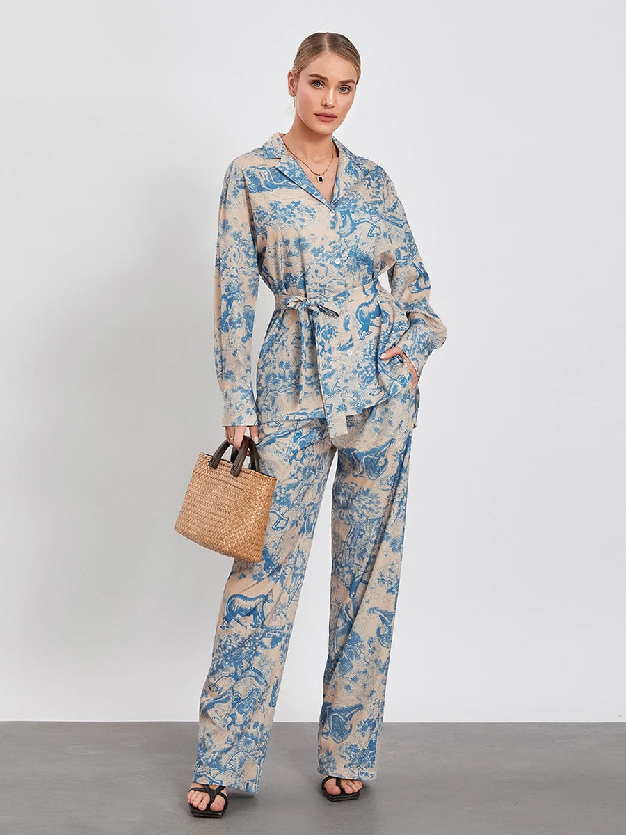 Women Pants Suit Long Sleeve Shirt with Wide Leg Pants and Belt Office Outfit Loungewear
