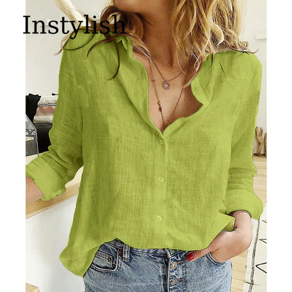 Elegant Cotton Linen Shirts Women Casual Solid Button Lapel Blouses Shirts  Long Sleeve Loose Tops