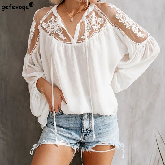 Summer Solid Color Chiffon Sexy Loose V-neck Lace Hollow Out Embroidery Blouses