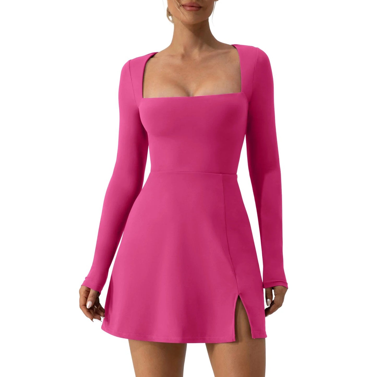 Short Dress Solid Color Long Sleeve Square Neck Split Hem Party Dress