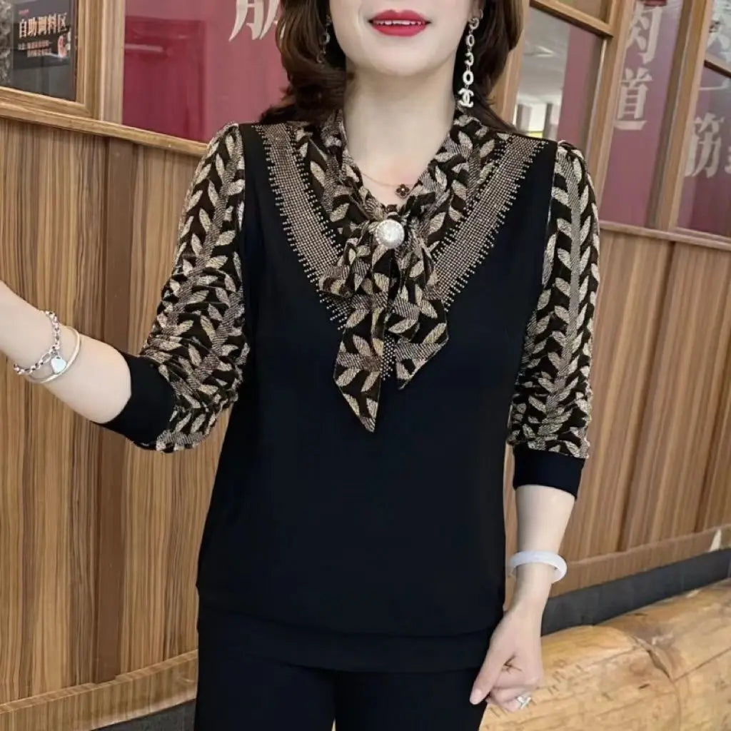 Loose Casual Office Retro BOW Chiffon V Neck Long Sleeve Chic Tops