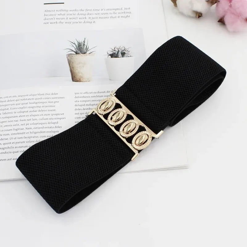 Women's Belt Fashion Elastic Waist Cover Golden Buckle Elastic Waist Closure Versatile Wide Belt