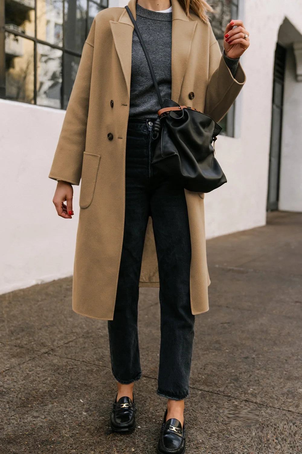 Double-breasted Trench Coat With Lapel Pockets Long Sleeves Mid Length  Casual Trench Jacket