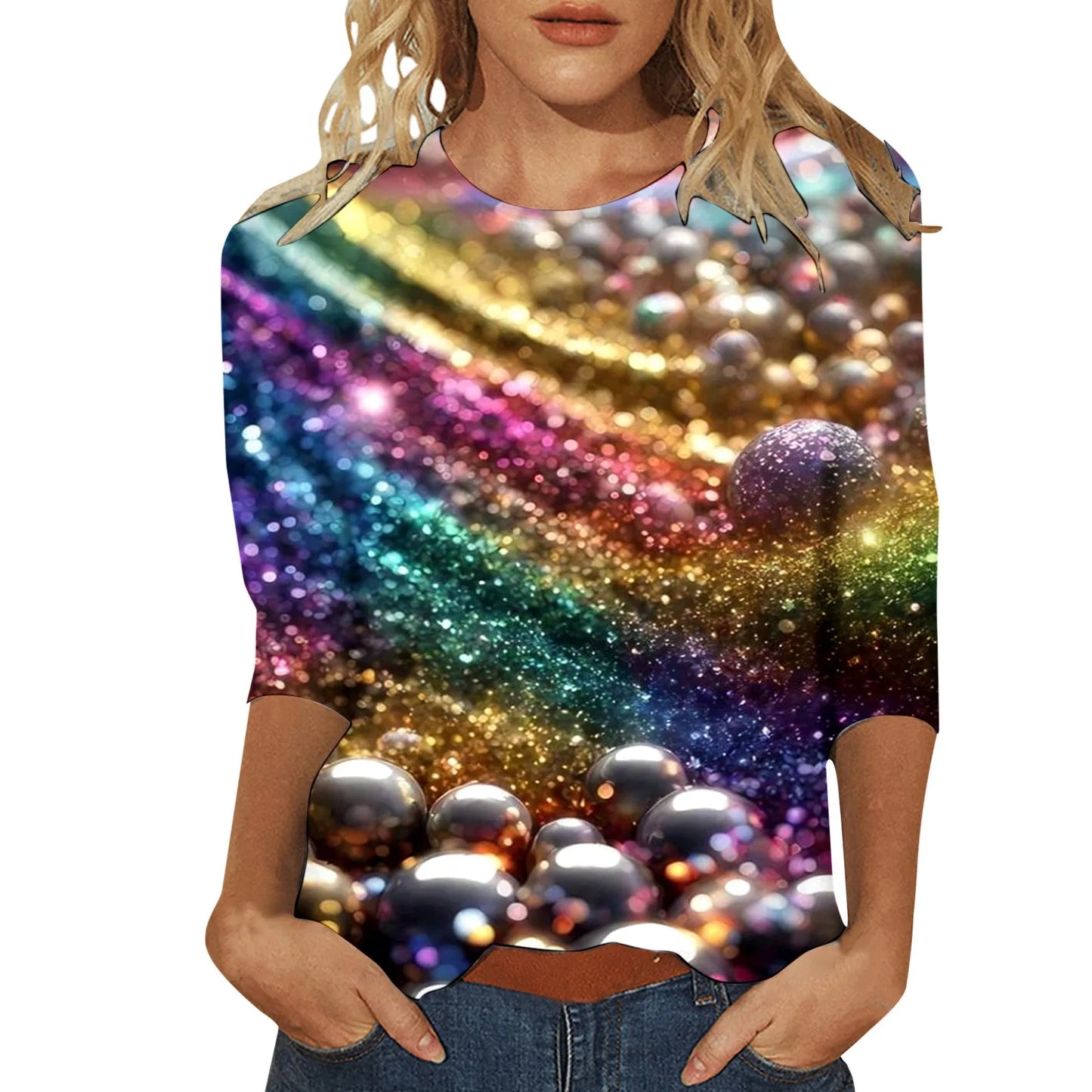 Carnival Printed Women Casual T-Shirts Spring Summer 3/4 Sleeve Round Neck Mardi Gras Clothing Plus Size Festival Party Tees Top