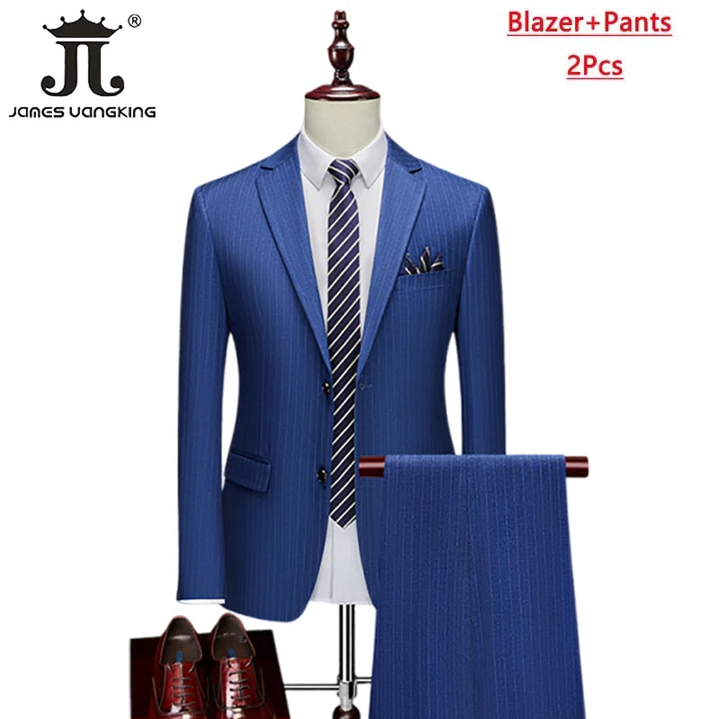 High-end Brand Classic Blue or Gray Plaid Men's Casual Business Suit Retro Official Suit Groom Wedding Dress Jacket Vest Pants