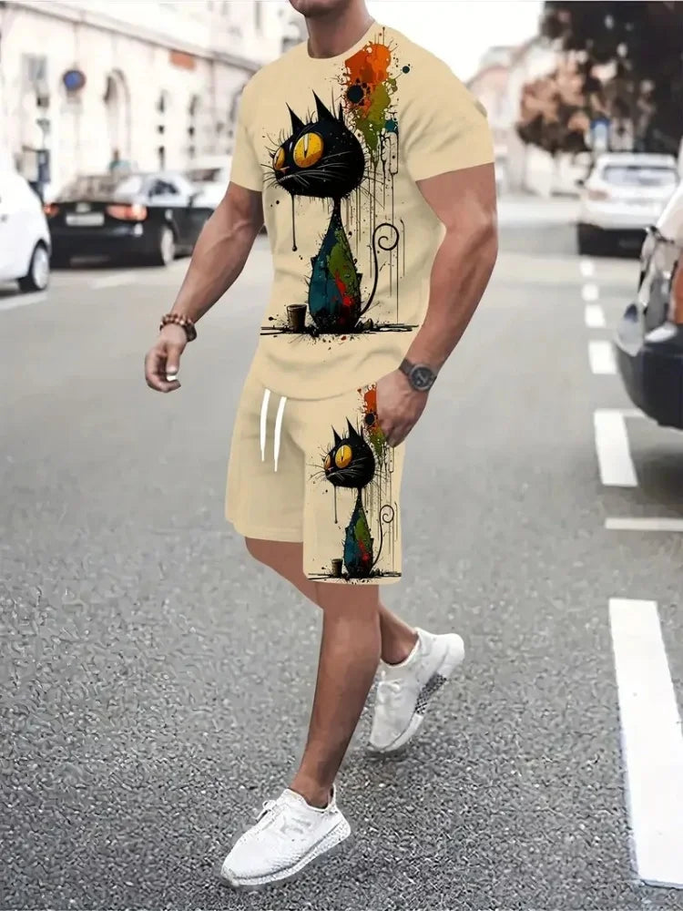 Hip Hop Style Personality Cartoon 3D Printed Men's Round Neck Short Sleeve 2 piece Fashionable Street Sports All-match Men's Suit