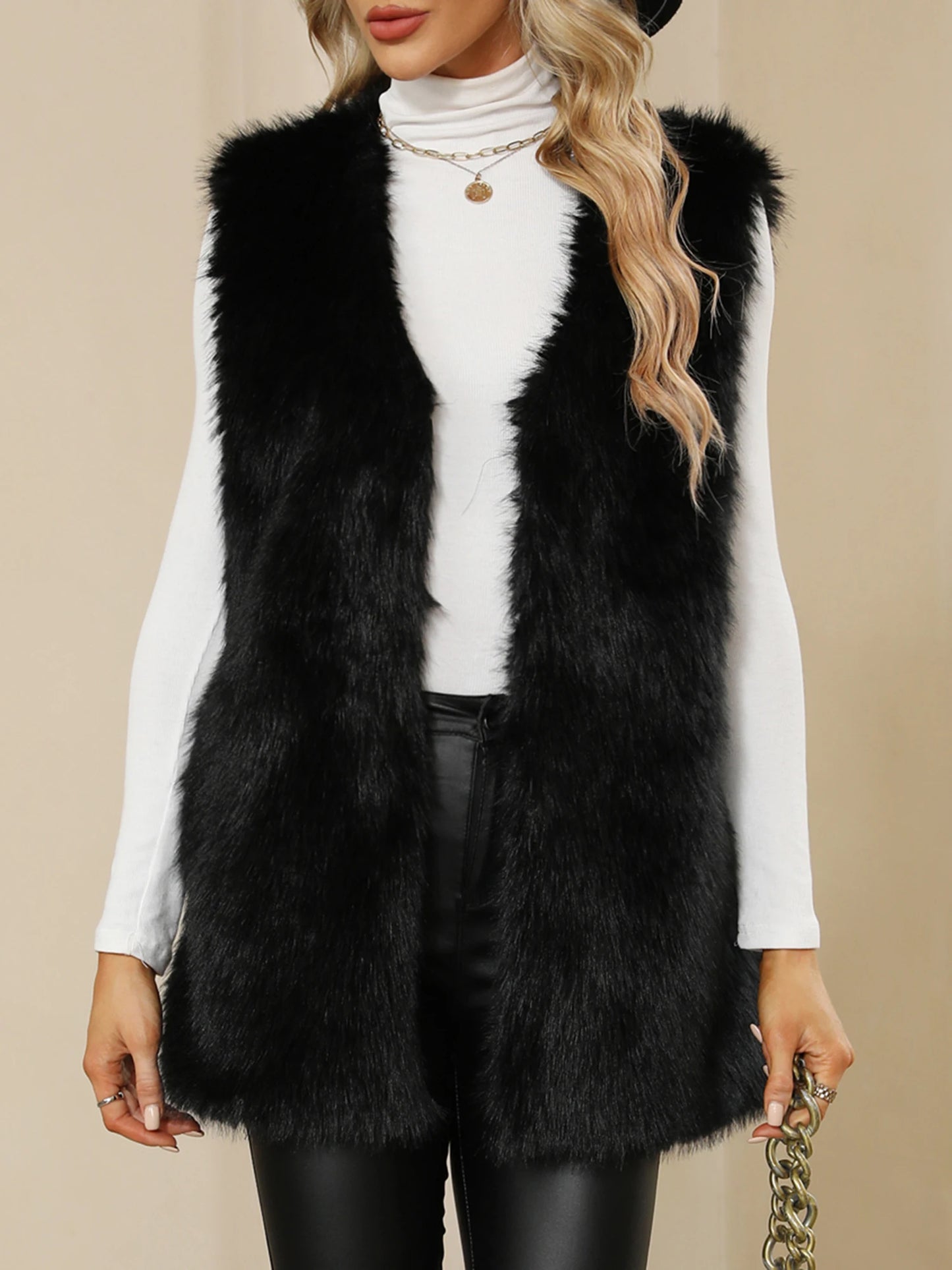 Sleeveless Vest Button-Up Faux Fur Jacket with Solid Color Design for Warmth and Style