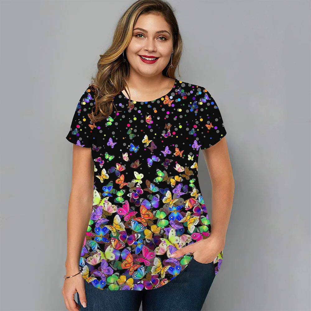 Women's T-Shirts Spring Clothing Floral Graphic O-Neck Pullovers Short Sleeve Tops Streetwear Oversized Apparel Ladies