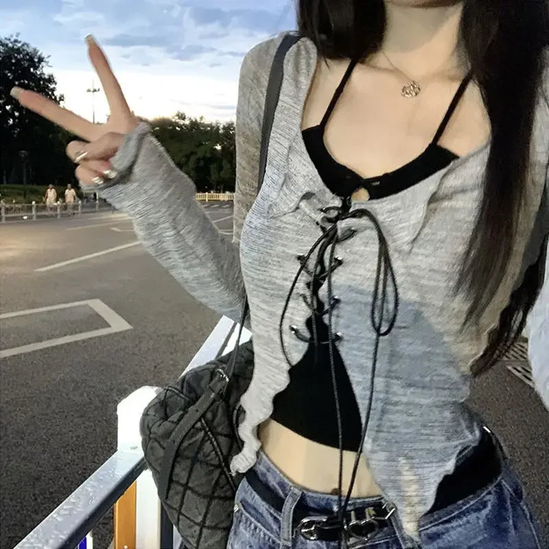 Two Piece Set Lace-up Cardigan with Cami Women's Sexy Slim Crop Long Sleeve Criss Cross Knit Tops