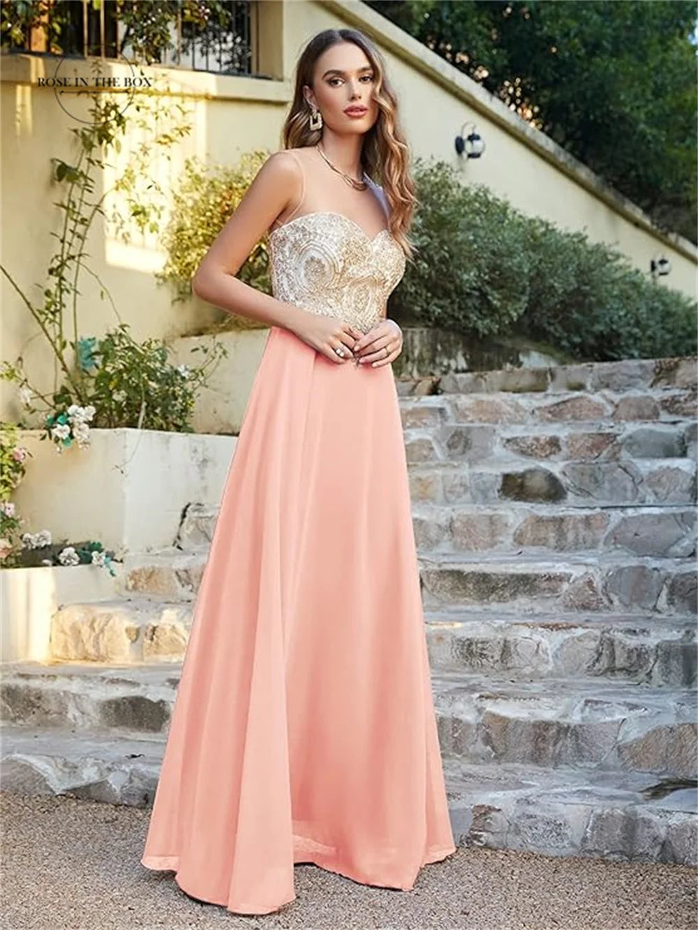 Elegant Gold Appliques Long Dress Women Illusion Neck A Line Chiffon Prom Evening Party Gowns Maxi Gala Dress