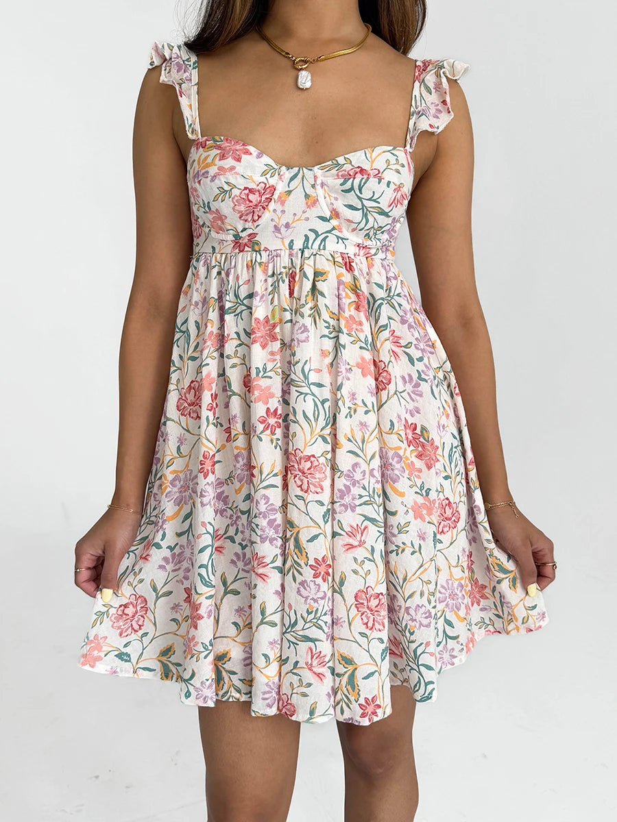 Women V-Neck Dress Sleeveless Ruffle Floral Print Boho Beach Dress Summer Casual Dress with Pockets