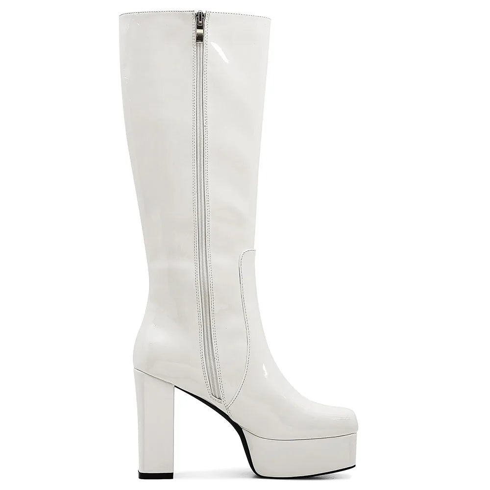 Round Toe Chunky Heel Platform  Knee High Boots  Stylish Comfortable Side Zipper