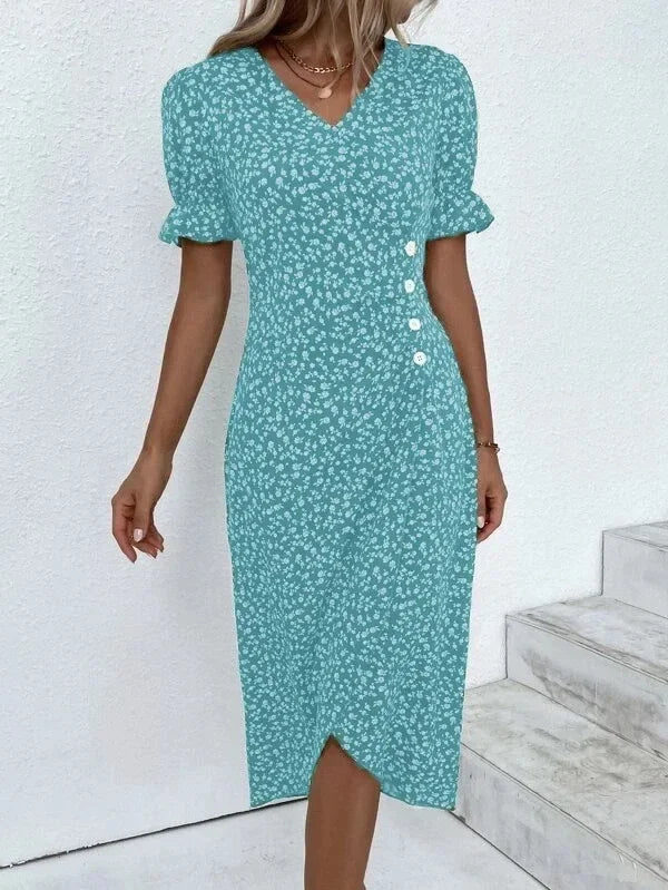 Elegant Floral Pleated H shaped Midi Dress Female V Neck Puff Sleeve Waist Ruched Button Dresses Women Summer Dress