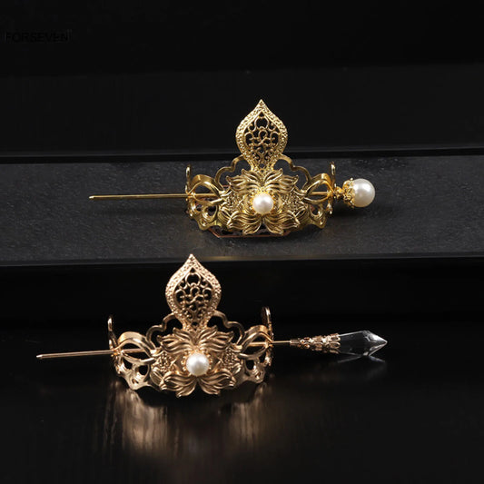 Retro Chinese Hair Crown Golden Alloy Tiaras and Crowns Pearl Headbands with Hair Sticks Vintage Hair Jewelry for Men Women