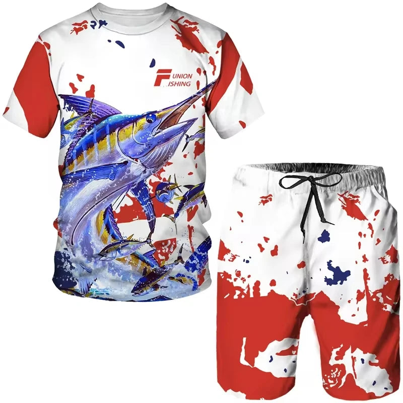 Outdoor Sports Men's Tracksuit Fishing O-Neck Short Sleeves Shorts 2 Piece Outfit Oversized T-Shirt Men Clothing Casual Suit