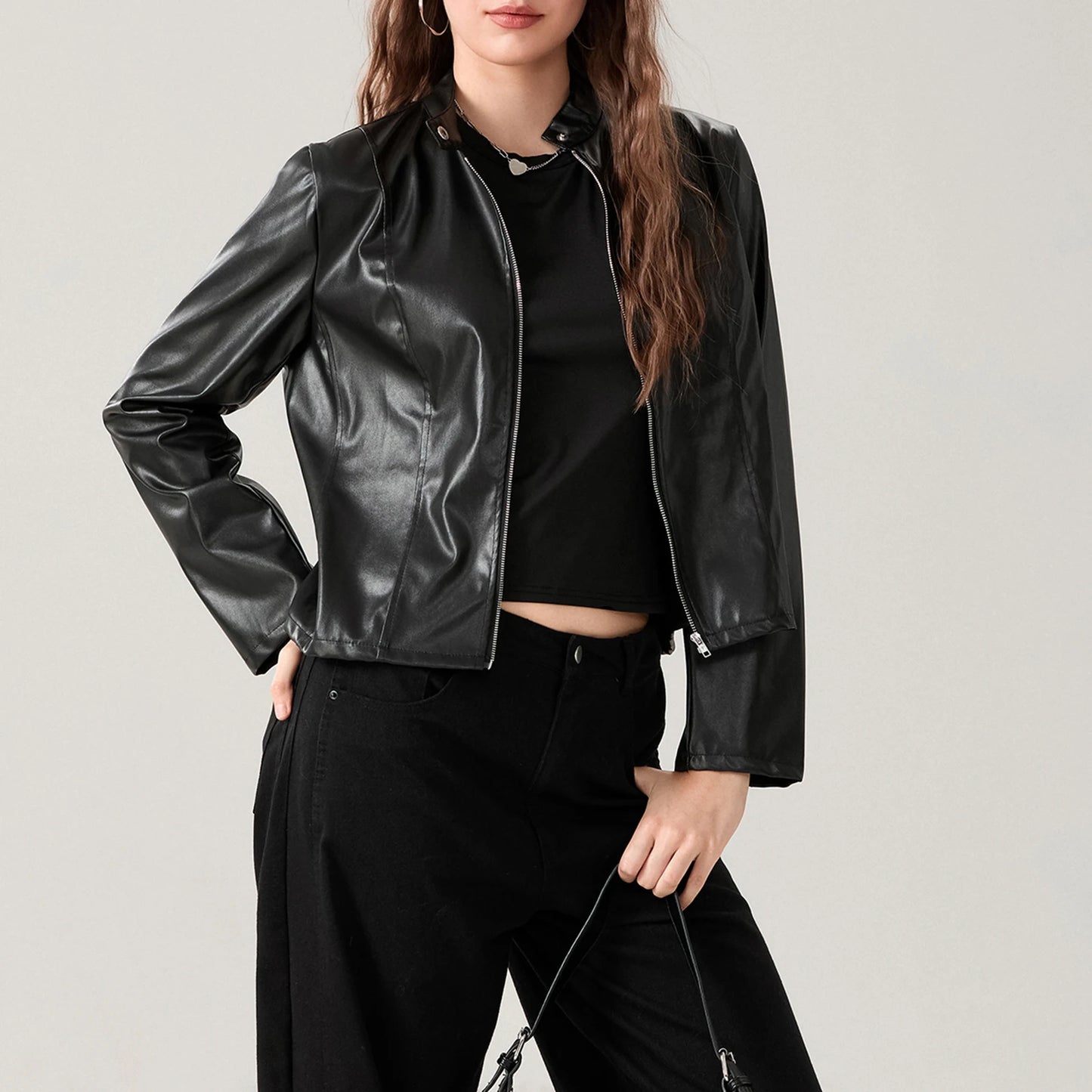 Faux Leather Jacket Biker Jacket Outerwear Long Sleeve Zipper Short Jacket
