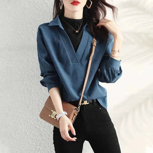 Lapel Spliced Fake Two Pieces Blouse