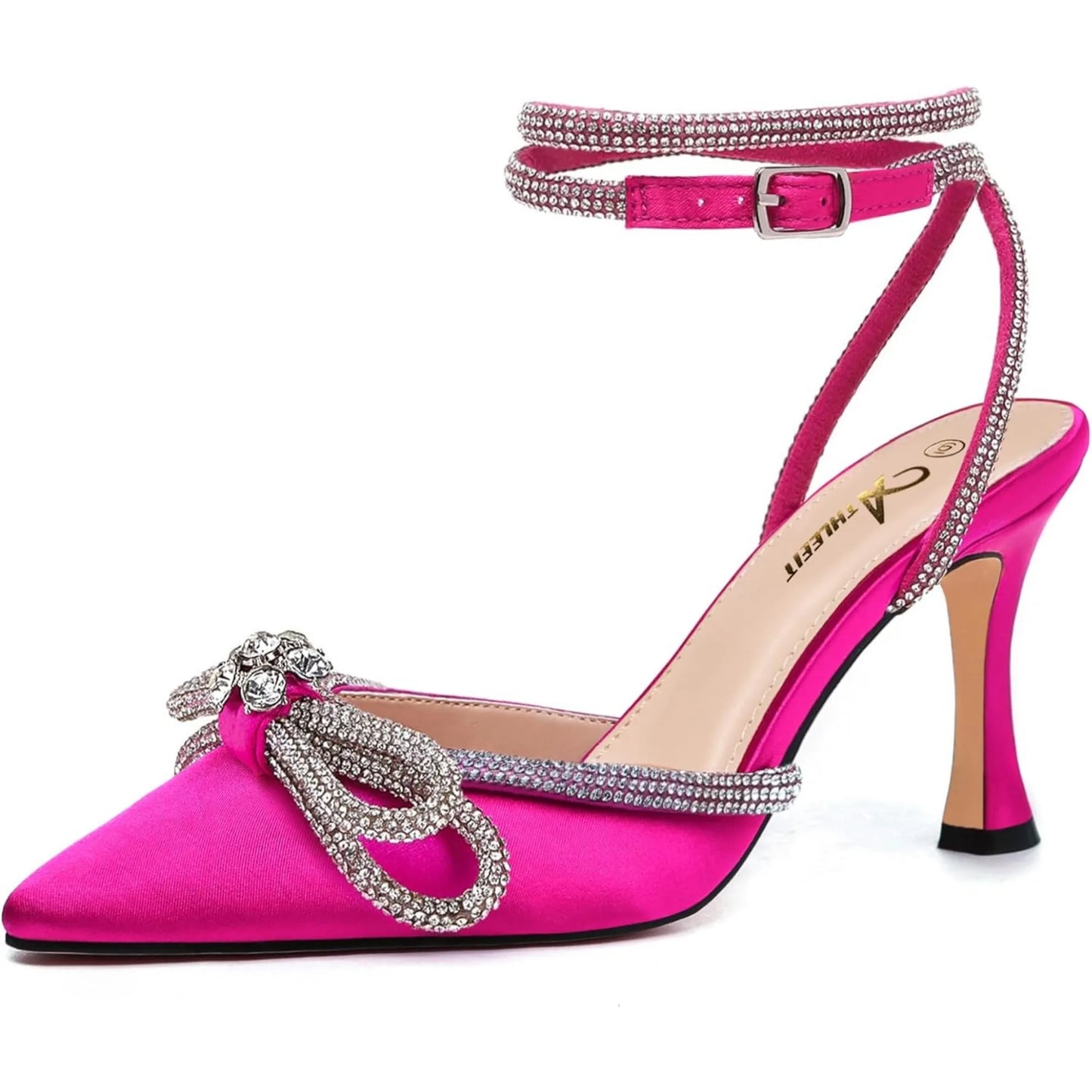 Rhinestone Bow Heels Ankle Strap Pointed Toe Stiletto Heeled Sandals