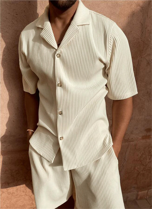 Spring/Summer set Solid color corduroy shorts sleeve shirt and shorts stretch beach casual suit