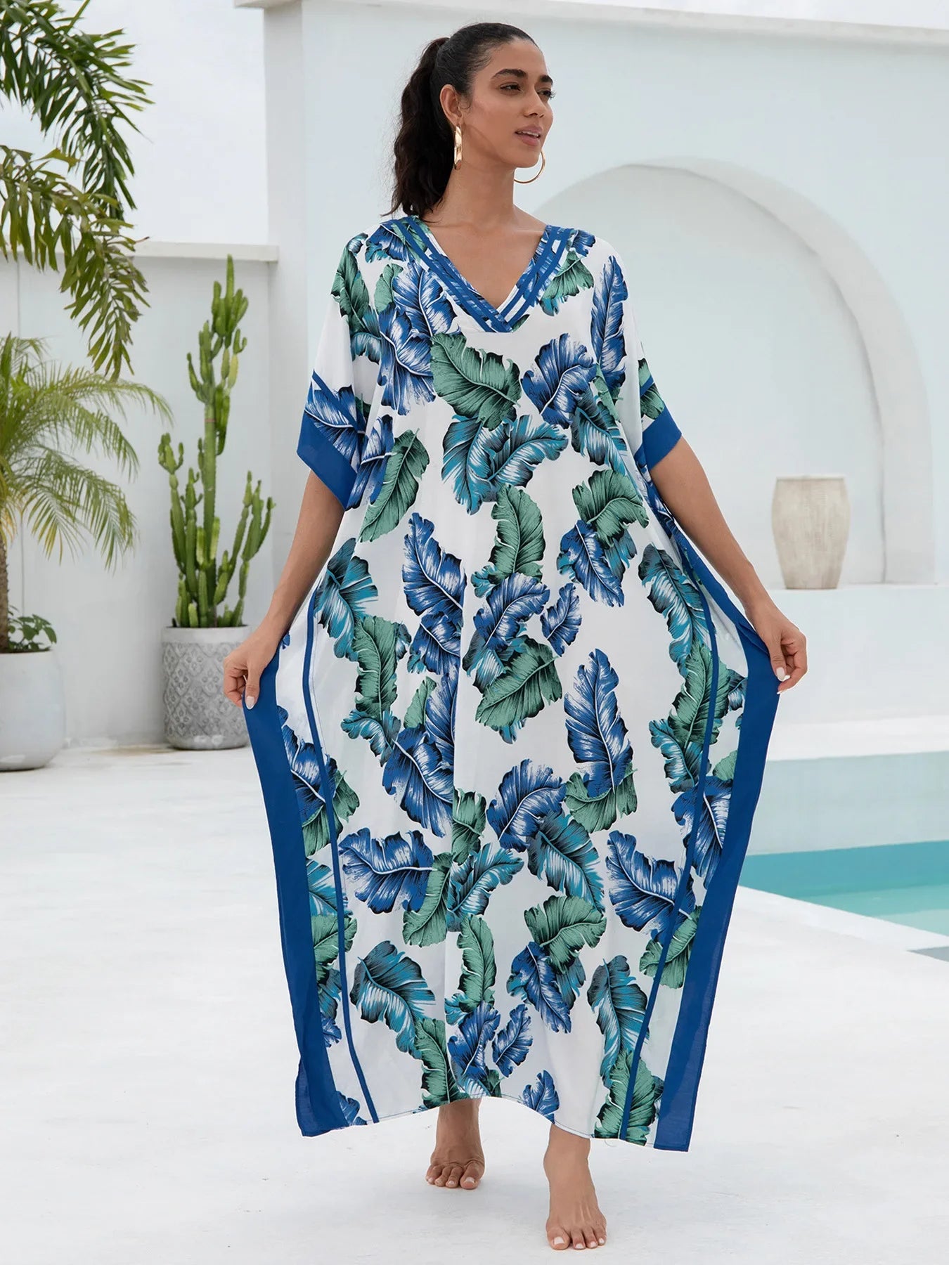 Blue Leaf Print Women Loose Fitting Long Robe Beach Vacation V-neck Sunscreen Clothing