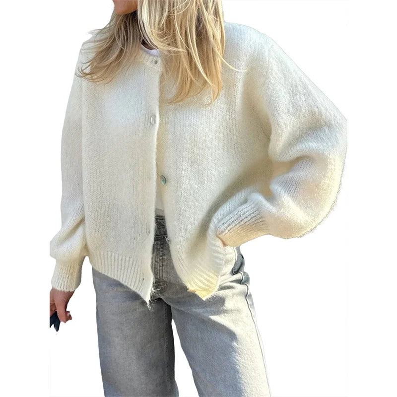 Sweaters Women Solid Color Round Neck Single Breasted Long Sleeve Cardigan Tops Warm Knitwear Streetwear
