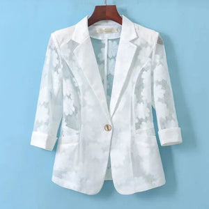Women Blazer Jacket Thin Cardigan Sun Protection Clothing Hollow Lace Three-quarter Sleeve Suit Top Ladies