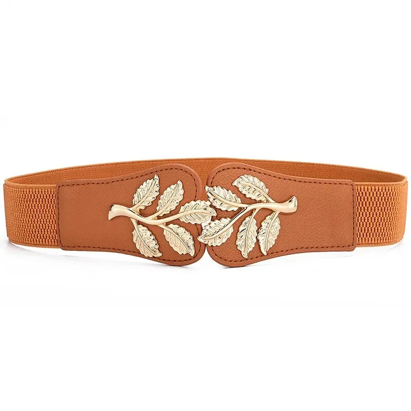 Women's Belt Fashion Waist Cover Golden Leaf Elastic Waist Closure With Double Hook Buckle Wide Belts Paired With Skirt