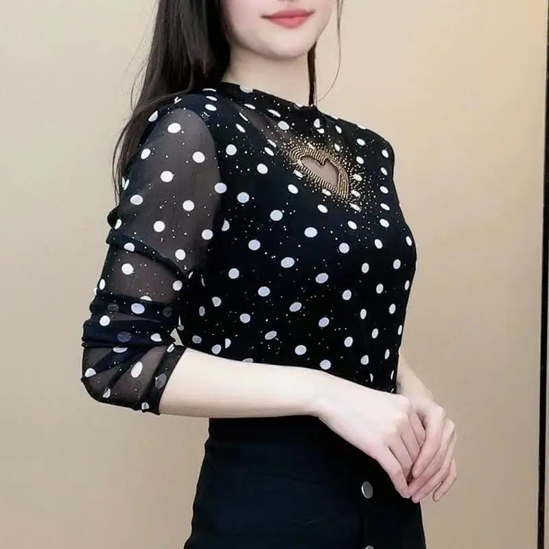 Elegant Gauze Diamonds Hollow Out Polka Dot Blouses