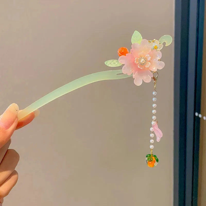 Elegant Chinese Style Hair Accessory Romantic Enameled Flower Tassel Hair Pin Alloy Jewelry Hairpin For Women Fashion Hairpin
