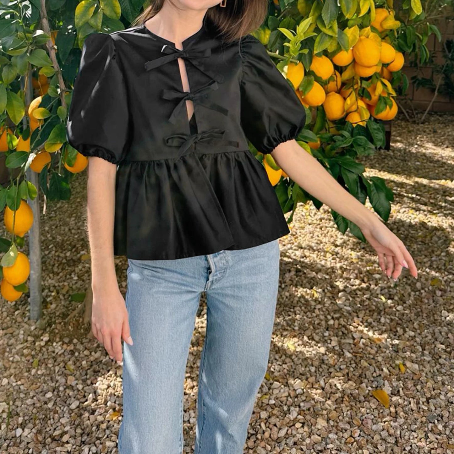 Fashion Women Peplum Shirt Puff Short Sleeve Lace Up Bow Blouse Tie Open Front