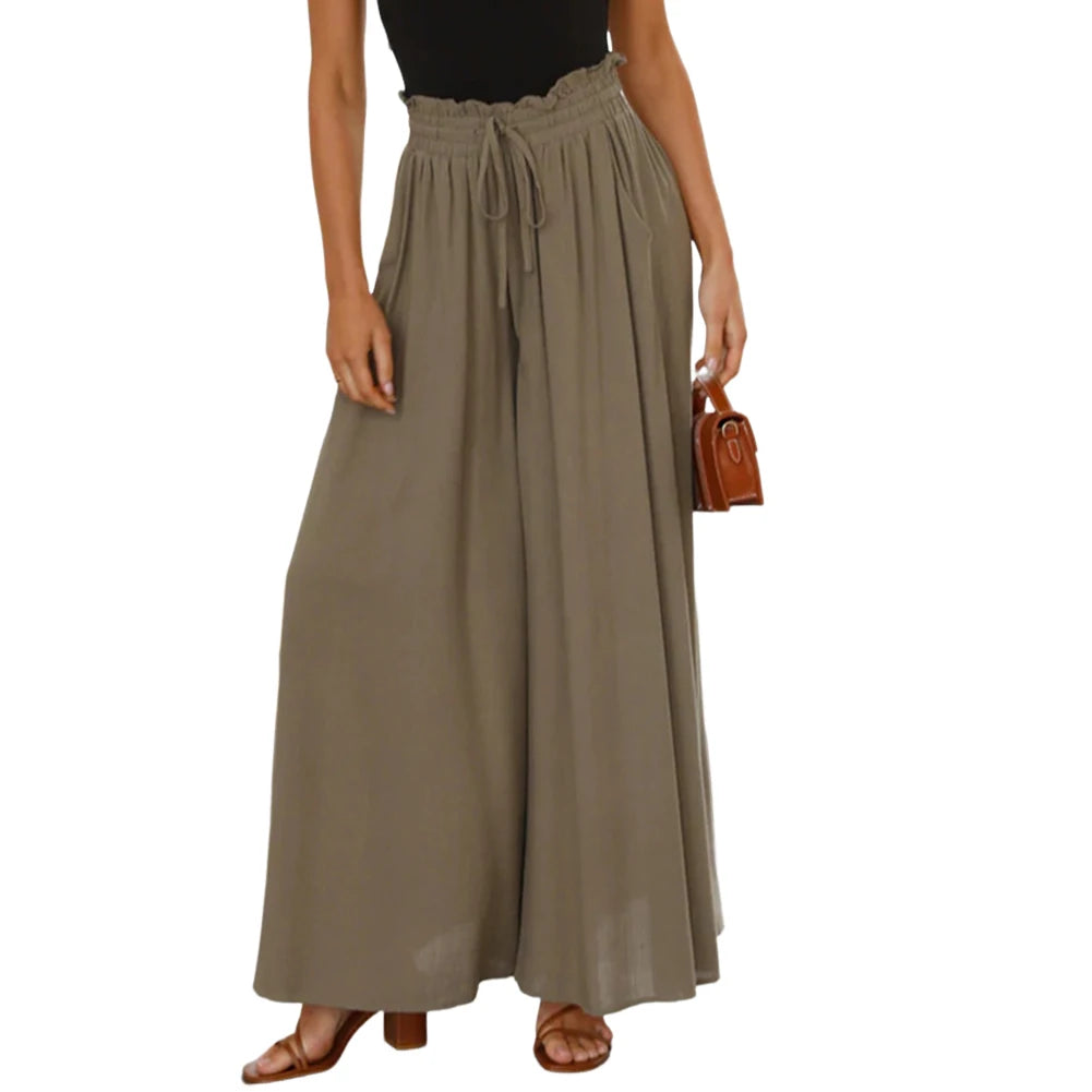 Women Flowy Ruffle Pants with Elastic Waistband High Waisted Palazzo Solid Color Loose Pleating Pants