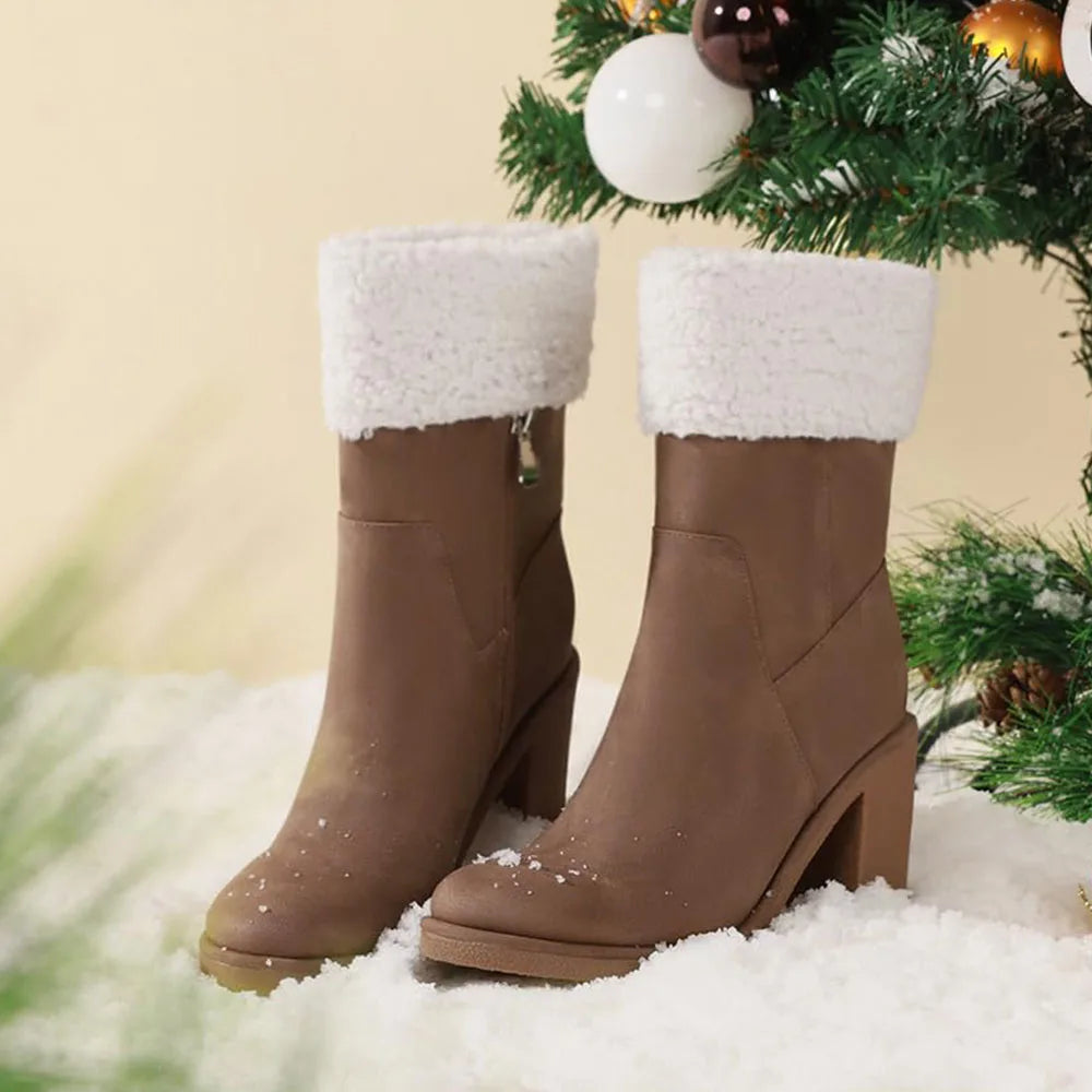 Boots Comfortable Side Zipper Mid Chunky Heel Suede Warm Fur Snow Ankle Boot