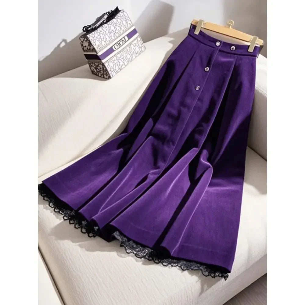 Lace Velvet  Vintage  Long Skirt