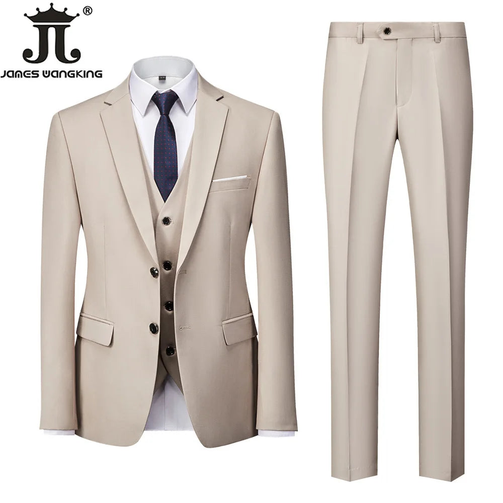 Jacket + Vest + Pants  Boutique Solid Color Men's Official Business Suit Bride's Wedding Dress Party Male Suit