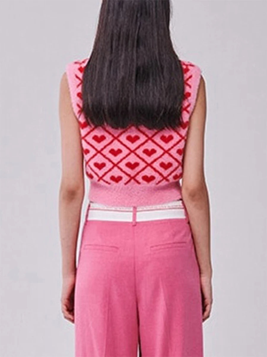Women s Cozy Sleeveless Sweater Vest with Deep V Neckline and Heart Print Detail