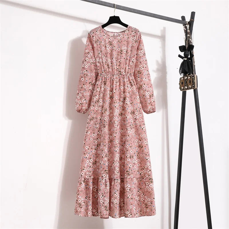 Spring Summer Women Maxi Dresses Casual Full Sleeve Floral Printed O-neck Woman Boho Beach Party Long Dress