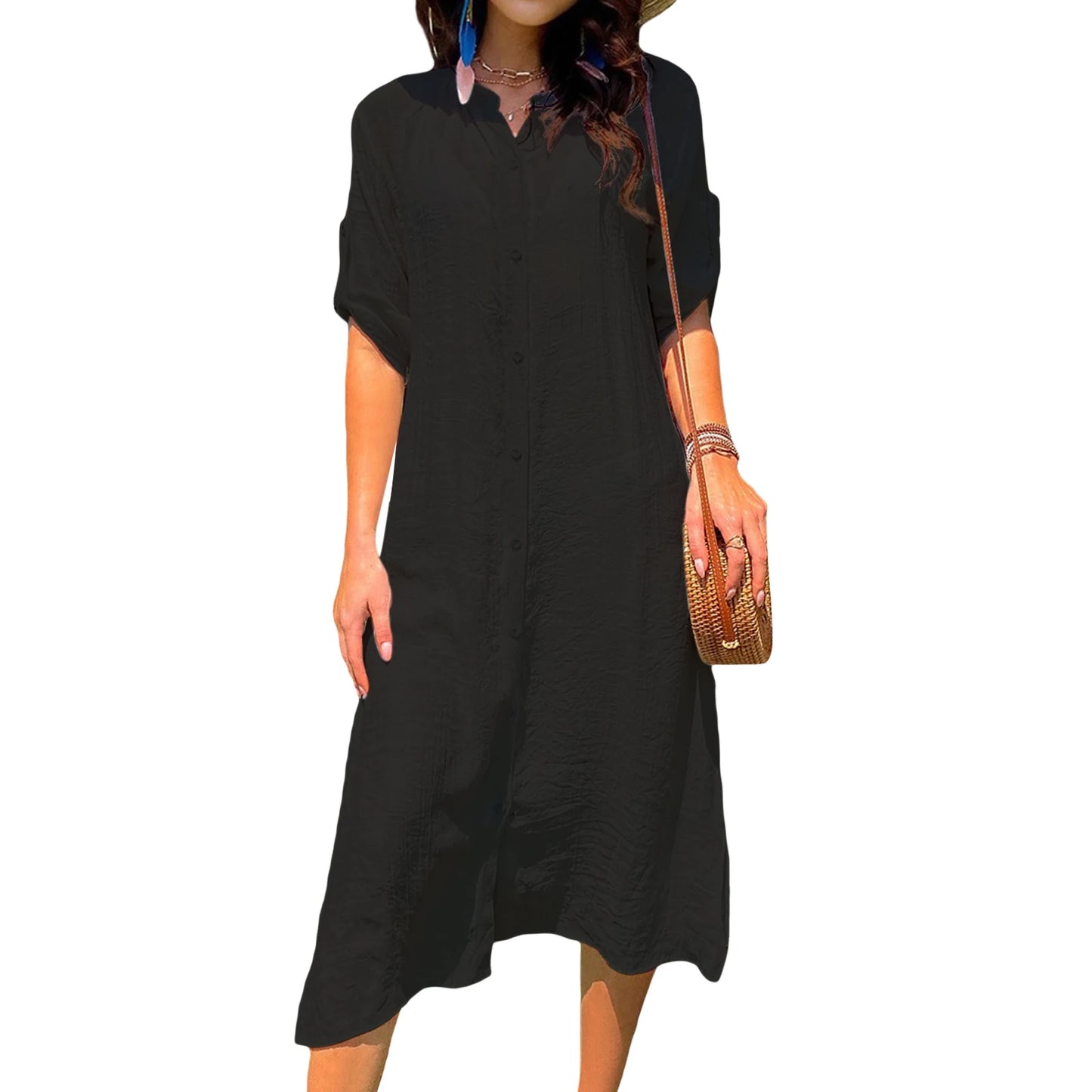Loose Bikini Cover Up Solid Color Short Sleeve Button Down Shirt for Summer Swimsuit
