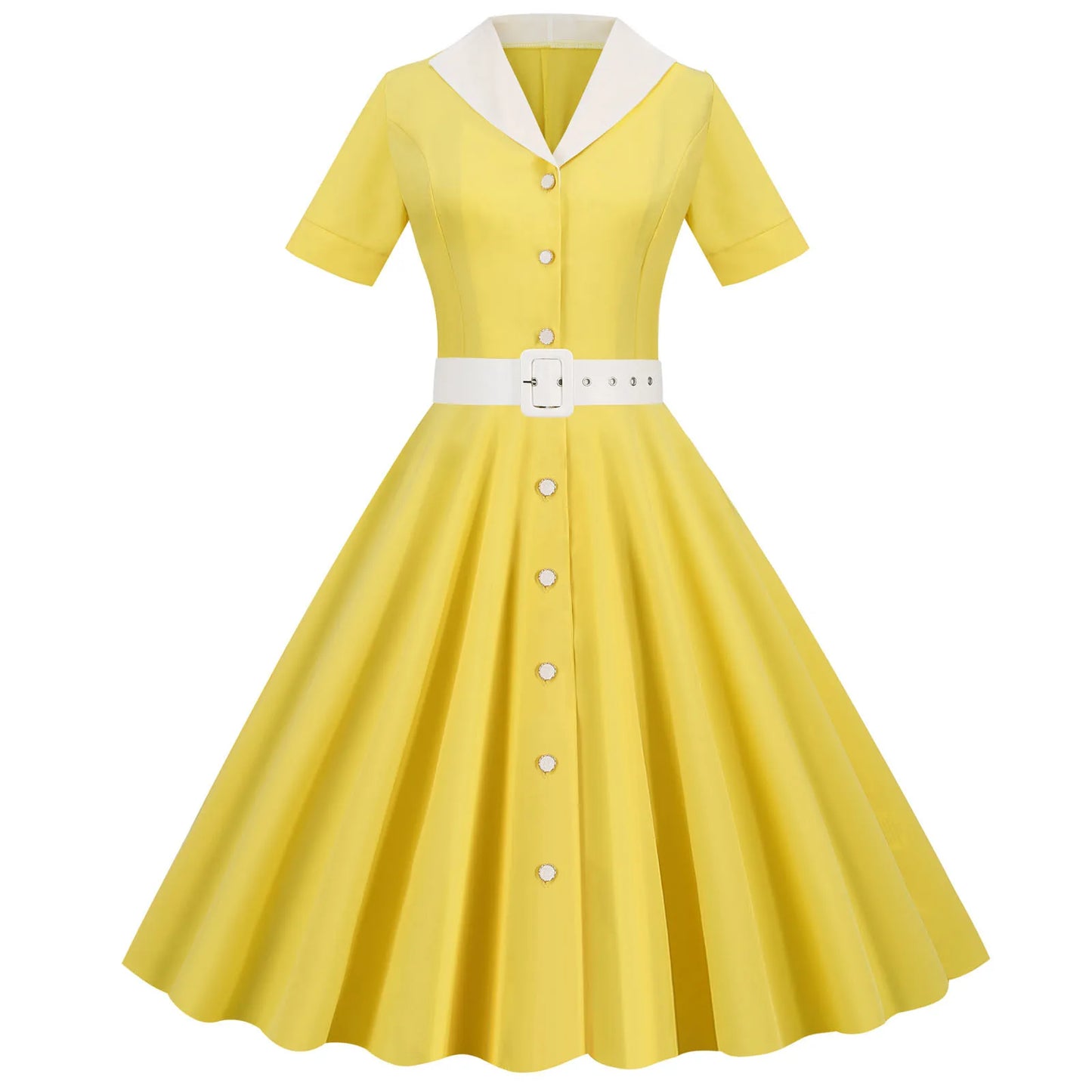 French Vintage Solid Dress Women Summer Retro 50s 60s Pin Up Rockabilly Party Dress