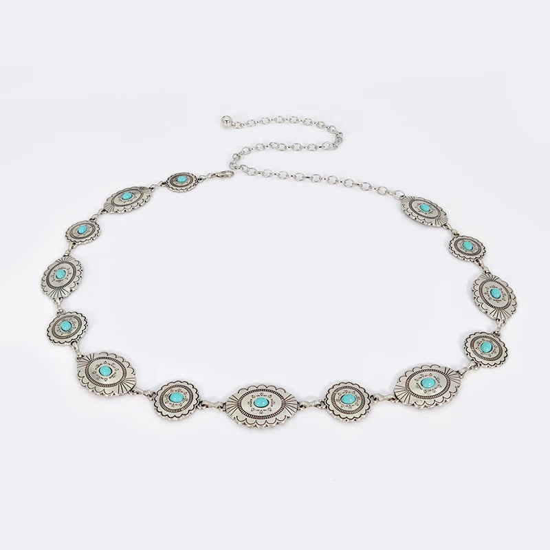 Fashion Silver Bohemian female circular waist chain luxury turquoise gemstone Ellipse chain belts for women