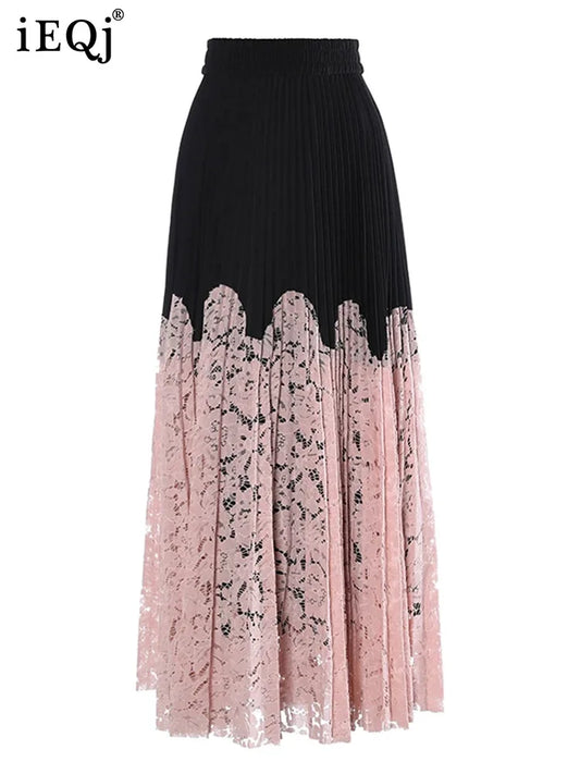 Lace Spliced Printing Pleated High Waist Loose Causal Colorblock Skirt