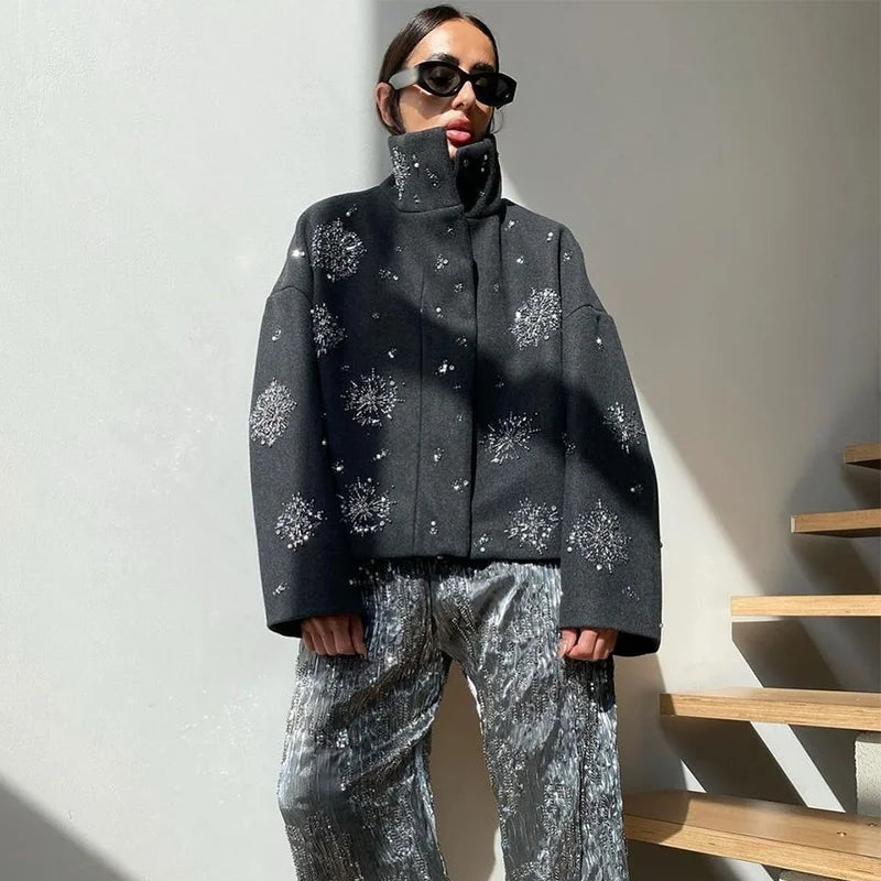 Casual Embroidery Beading Loose Women Coat Lapel Collar Bat Sleeve Solid Wool Blend Jacket Lady Luxury Outerwear