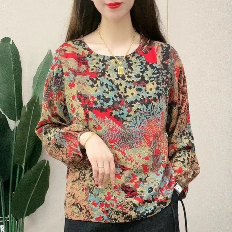 Vintage Print Round Collar Long Sleeve Loose Casual Chiffon Top
