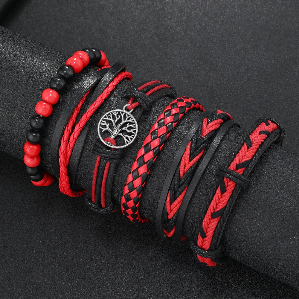 Casual Bead 6 Pc/set Tree Black Khaki Handmade Men Bracelets Male Women Leather Bracelets Men Bangle