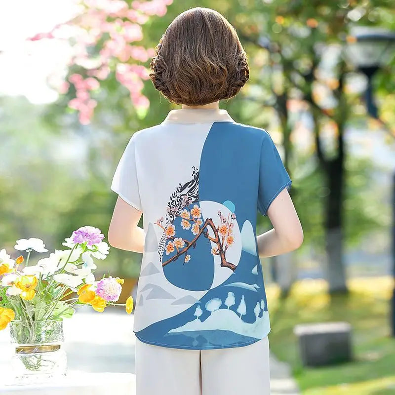 Natural Scenery Printed Peter Pan Collar Lace Beading Short Sleeve Tops