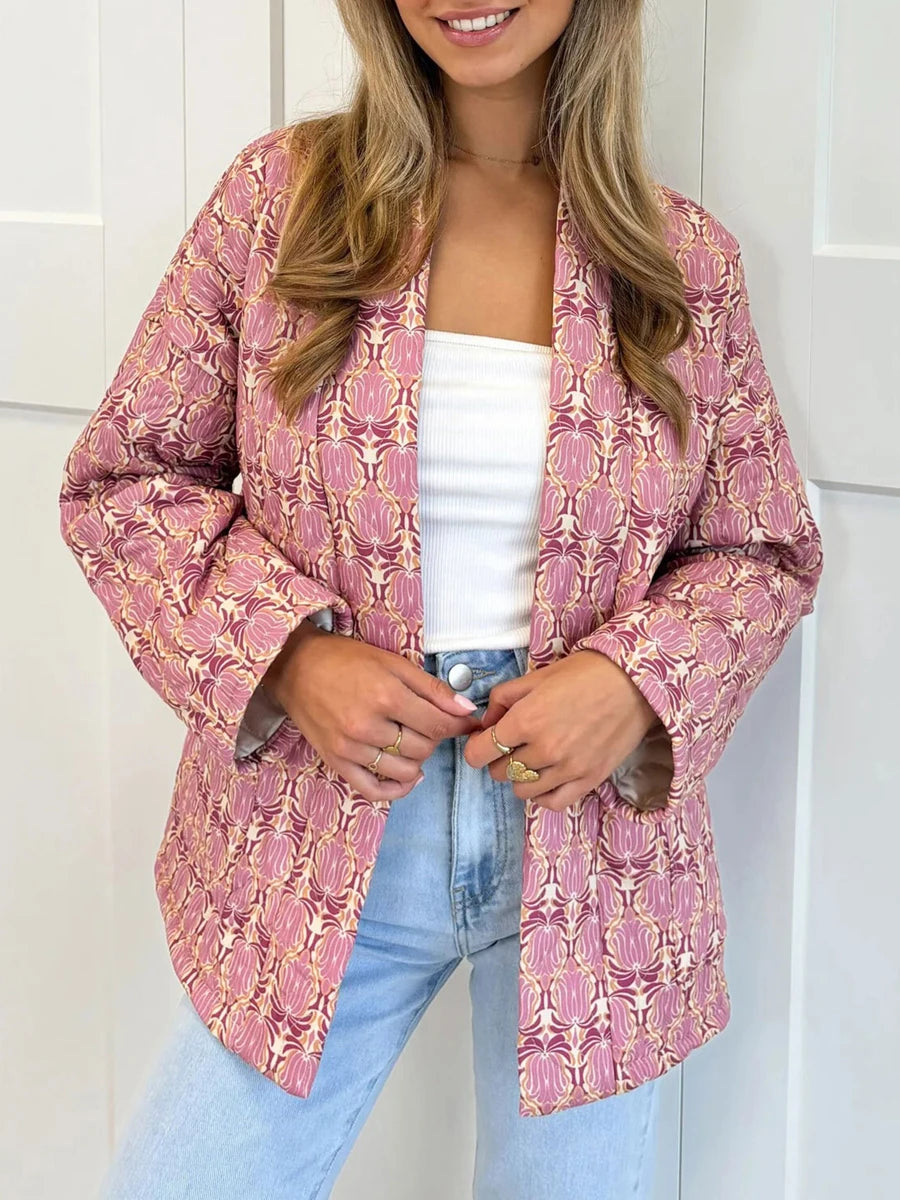 Ladies Retro Floral Print Hooded  Jacket Warm Winter Quilted Coat with Zipper Closure and Pockets