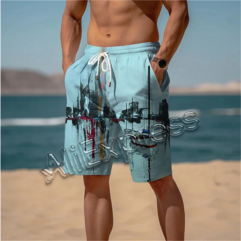 Fashion Lake Reflection Pattern Beach Short Mens Trend Personalization 3D Printed Board Shorts Loose Casual Oversized Swim Trunk