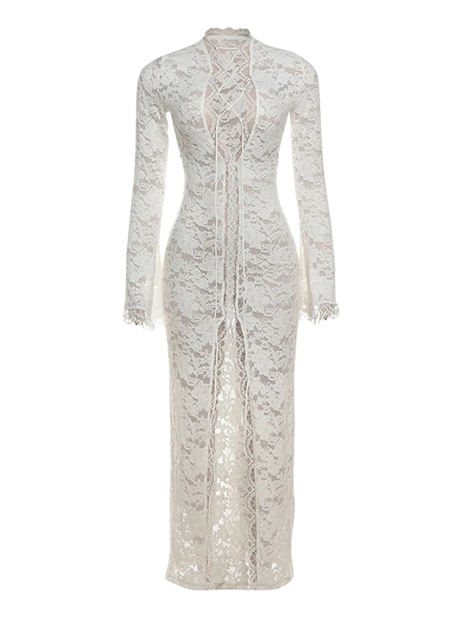 Maxi Dress with Long Sleeves Plunging V-Neckline and Floral Lace Detailing