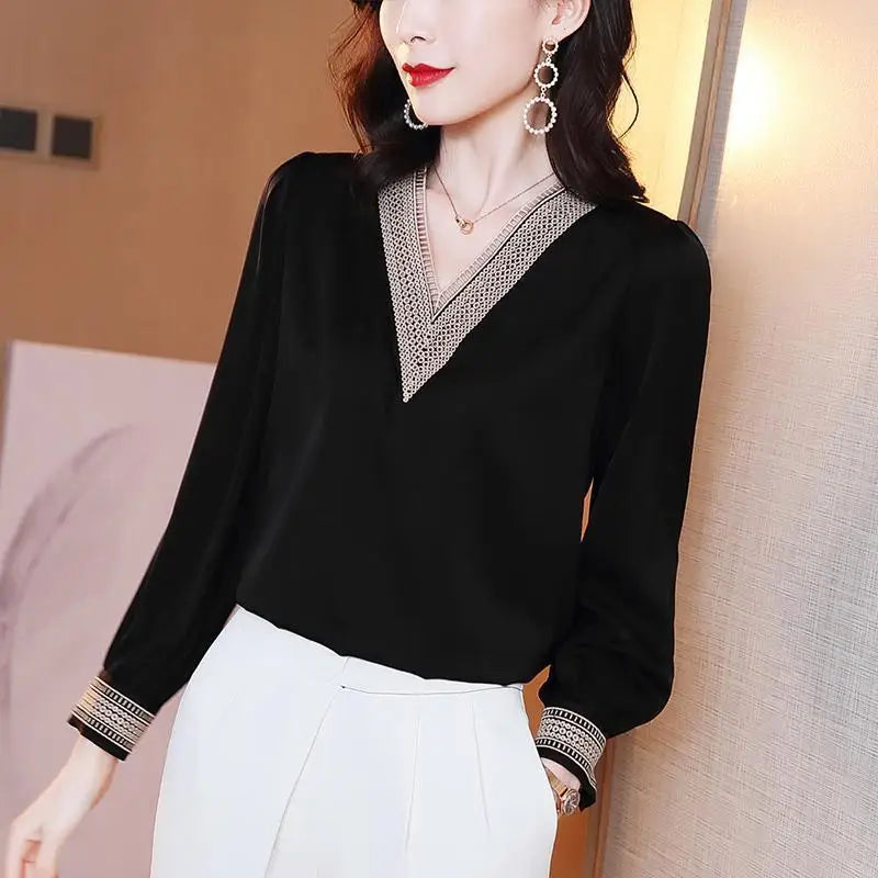 V-neck Embroidery Hollow Out  Long Sleeve Solid Color Blouse