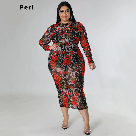 Round Neck Stretch Perspective Hip Dress Printed Long Dress Plus Size Outfit for Women