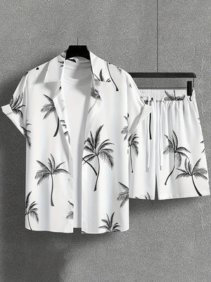 Hawaiian Coconut Tree Print Men's Shirt Summer Short Sleeve Tops Beach Shorts 2 Piece Sets Casual Vacation Style Outfit Clothing